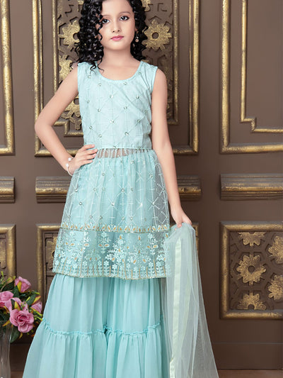 Odette Wedding Designer Light Blue  Finest Soft Net Sharara suit For Girls