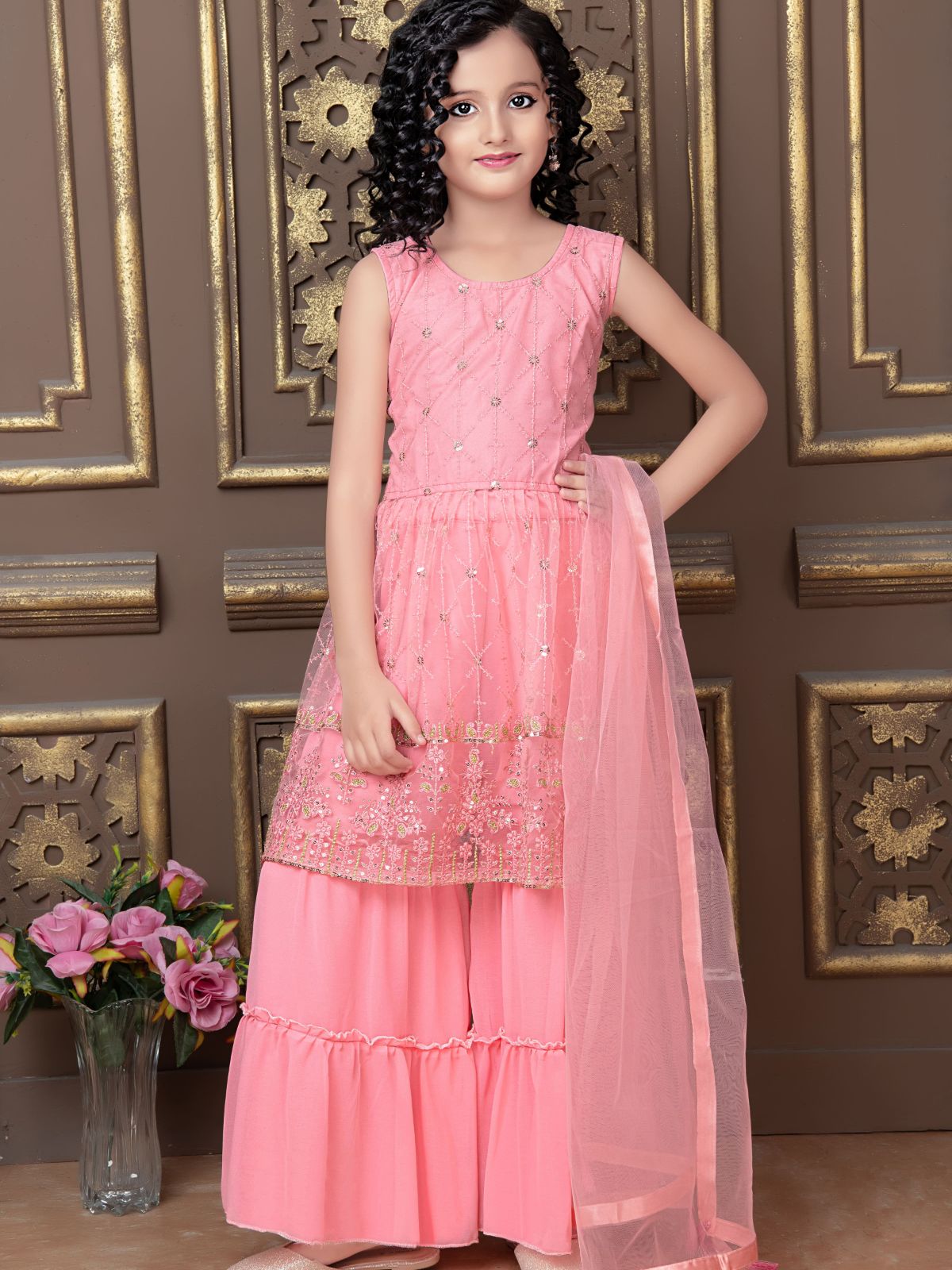 Odette Wedding Designer Pink  Finest Soft Net Sharara suit For Girls