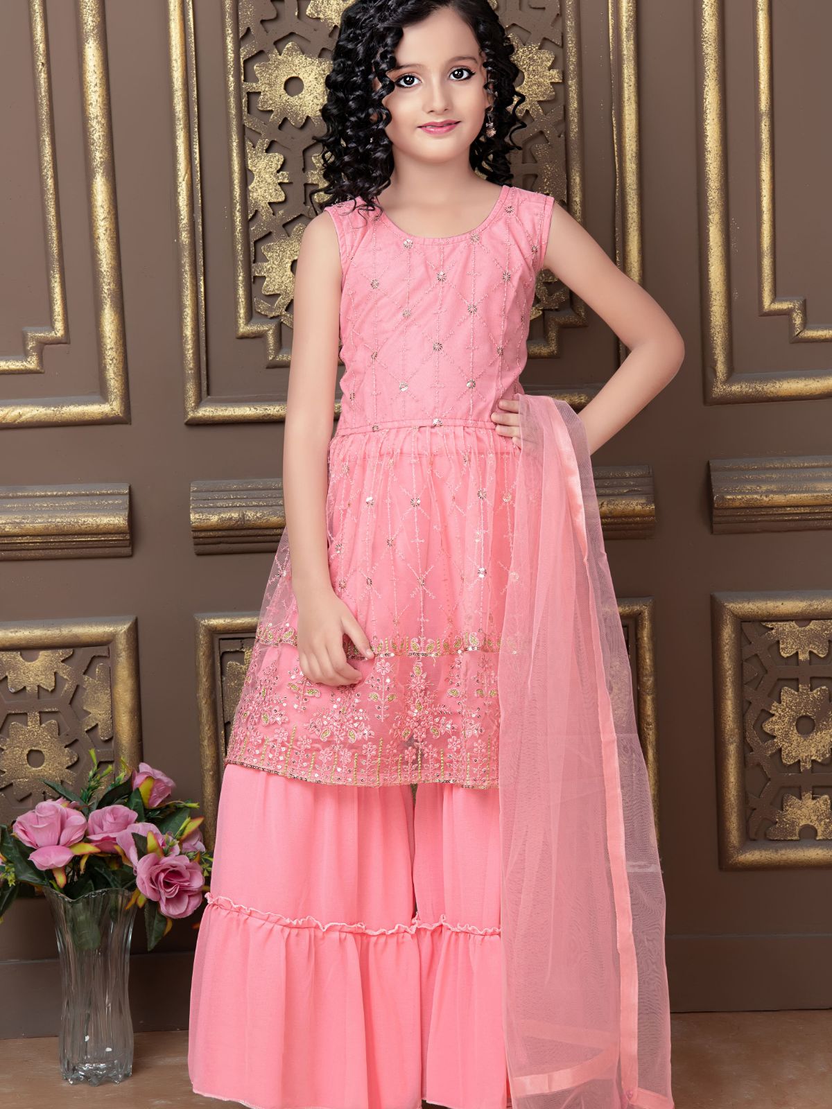 Odette Wedding Designer Pink  Finest Soft Net Sharara suit For Girls