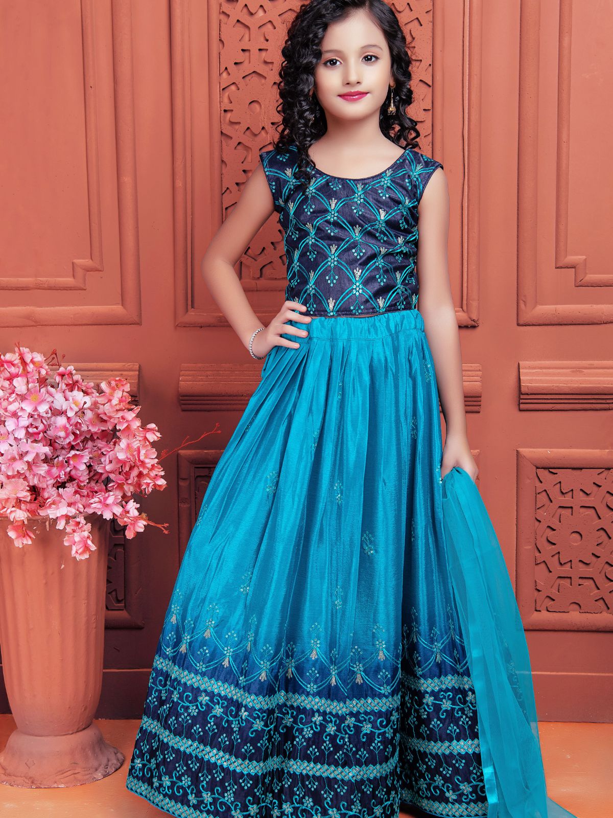 Odette Wedding Designer Blue Soft Chinon Silk Lehenga choli For Girls