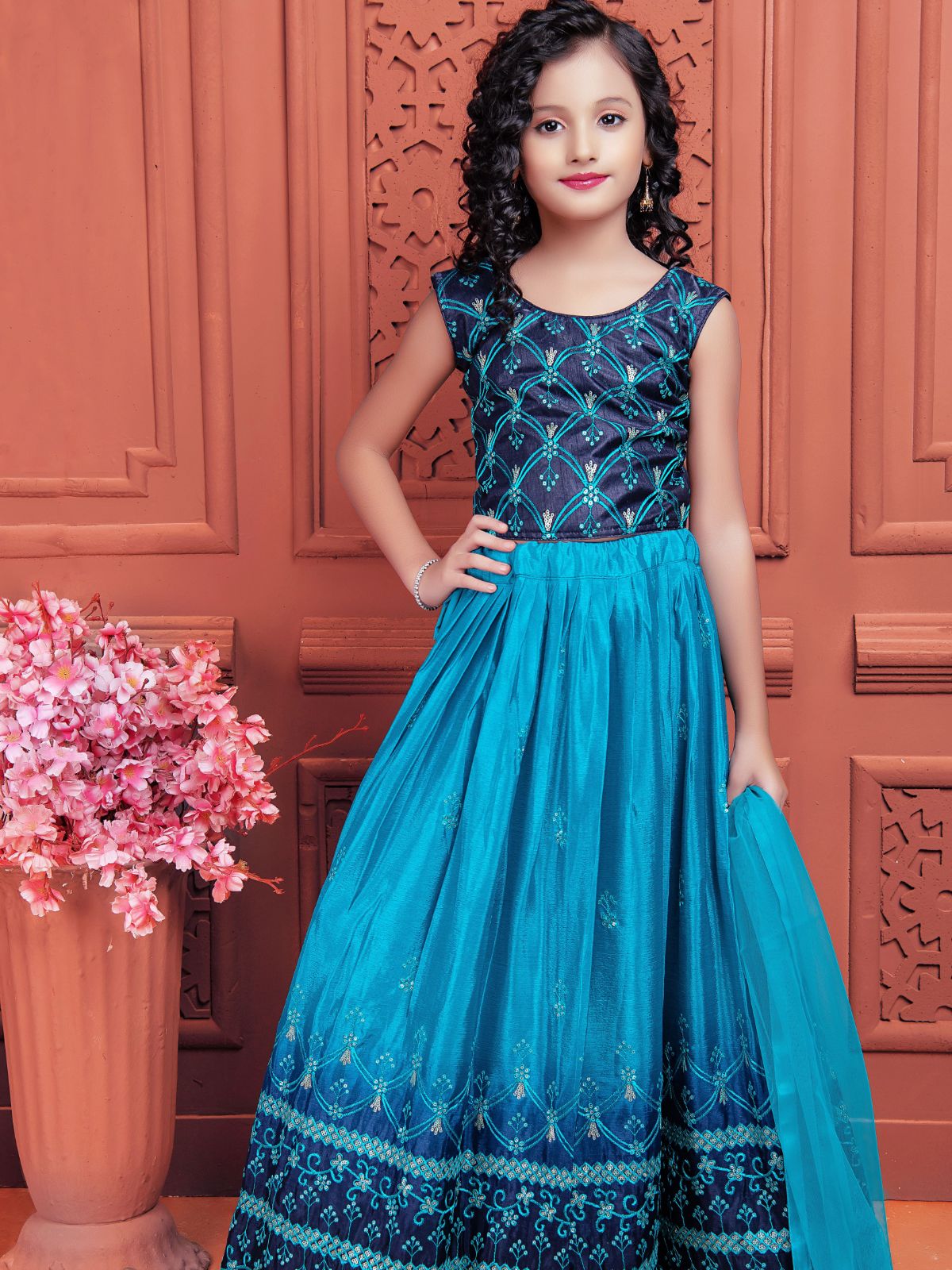 Odette Wedding Designer Blue Soft Chinon Silk Lehenga choli For Girls