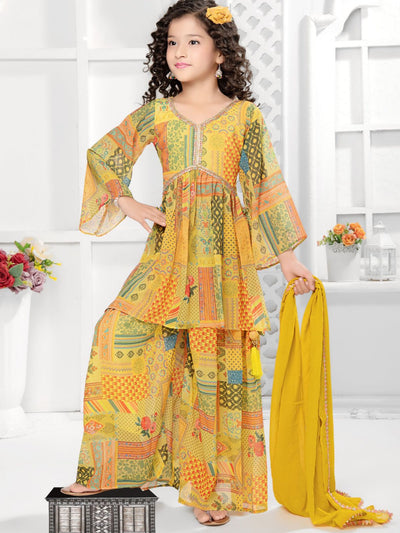 Odette Yellow Georgette Printed Stitched Kurta Set For Girls