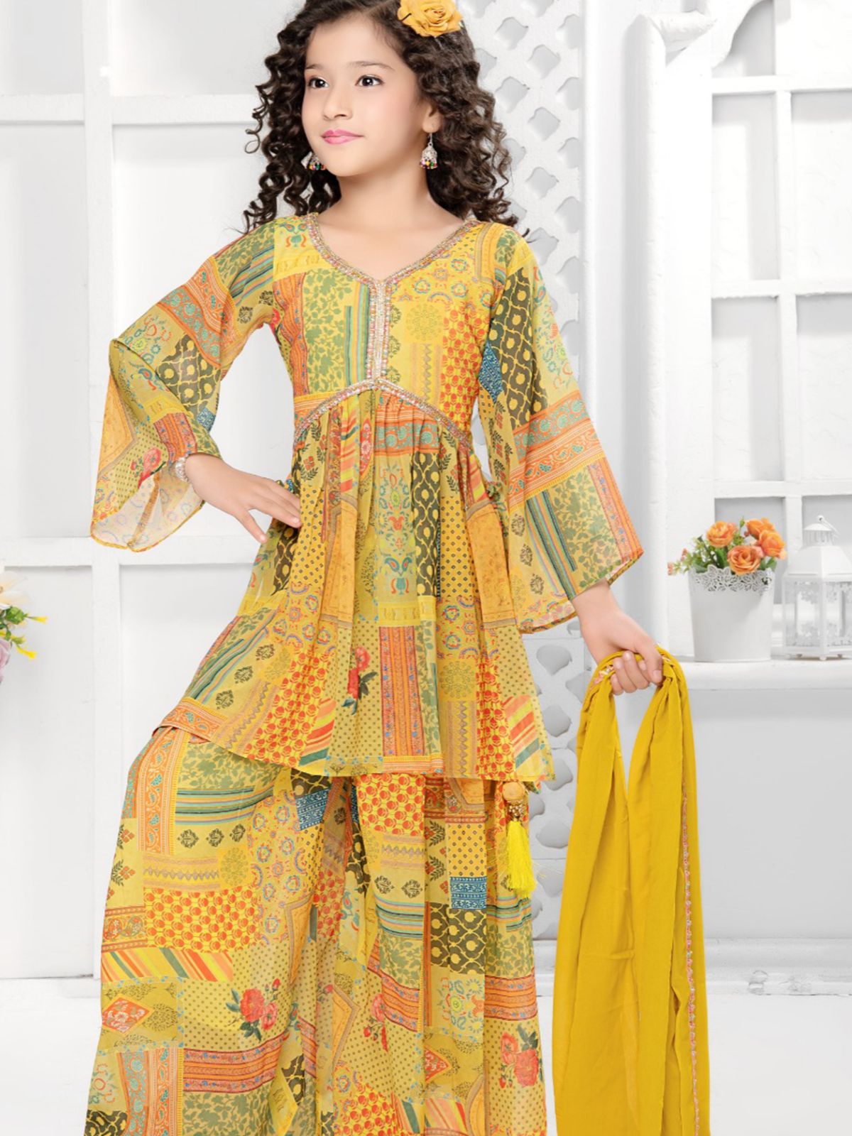 Odette Yellow Georgette Printed Stitched Kurta Set For Girls