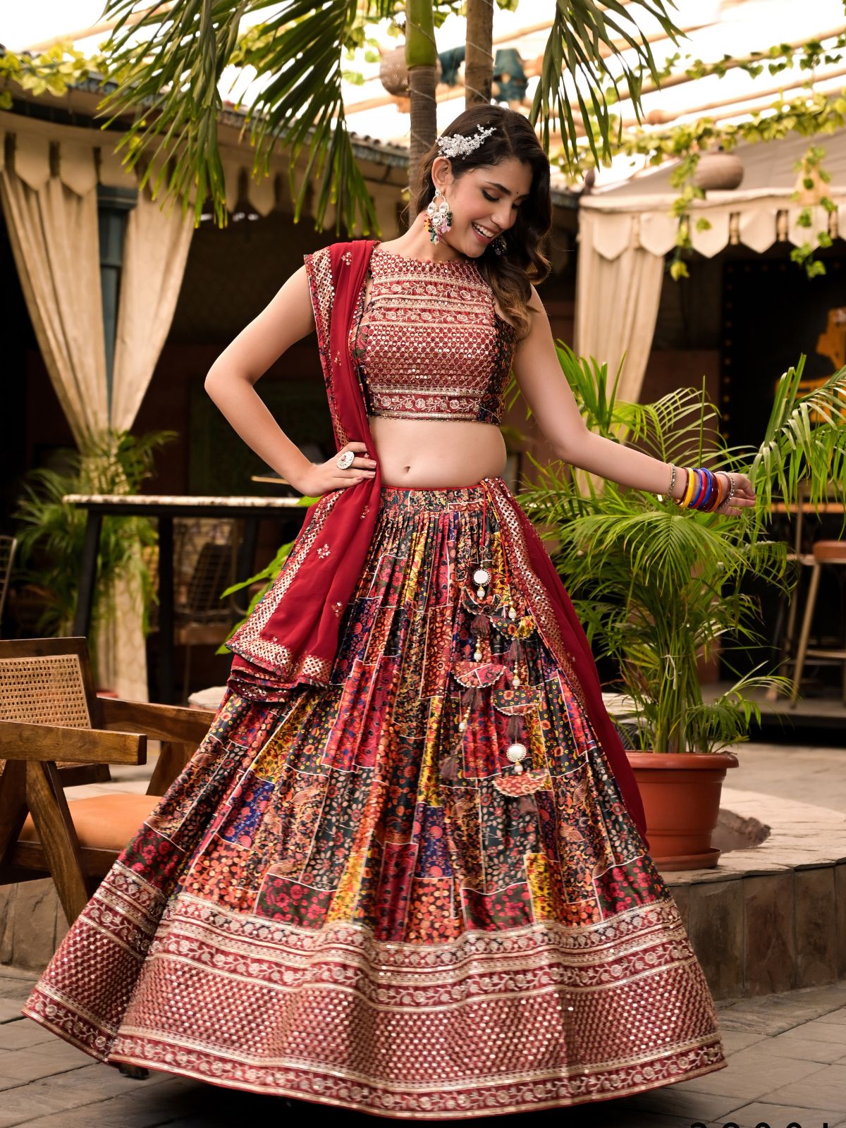 Odette Multicolor Satin Printed Stitched Lehenga Choli Set For Women