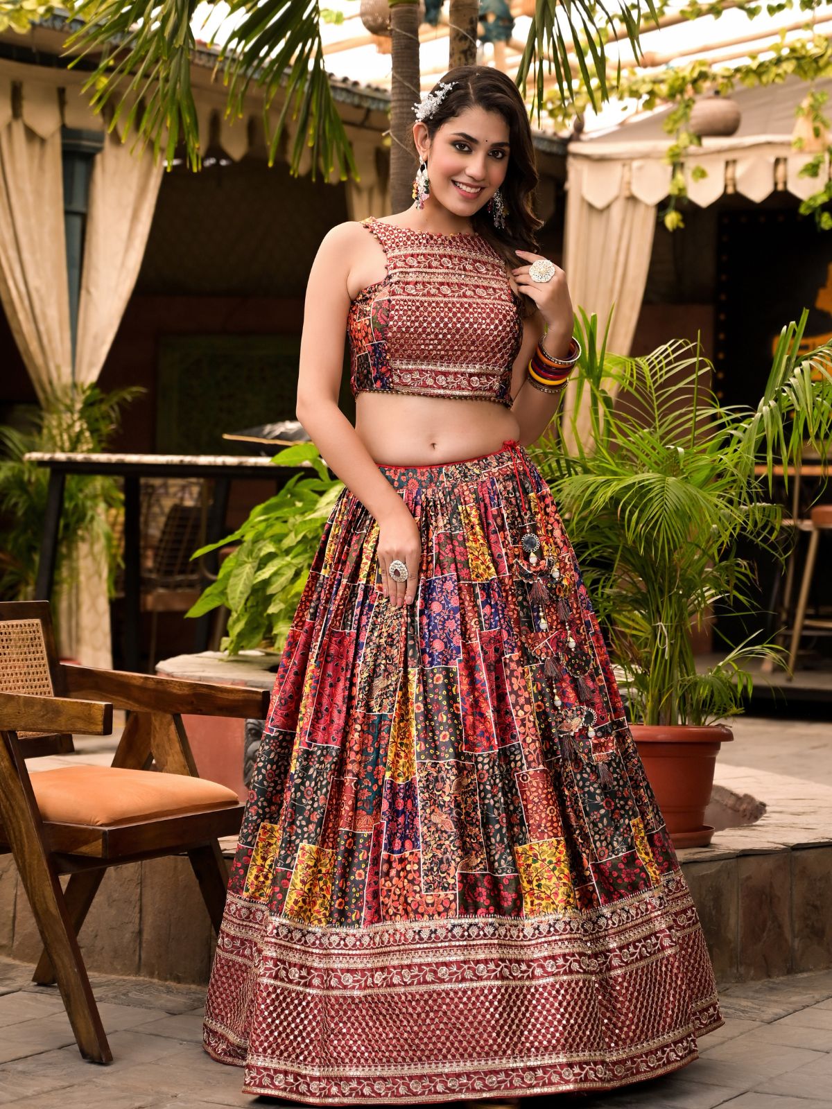 Odette Multicolor Satin Printed Stitched Lehenga Choli Set For Women