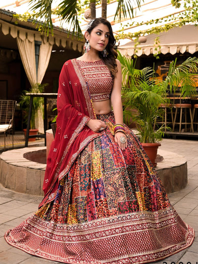 Odette Multicolor Satin Printed Stitched Lehenga Choli Set For Women