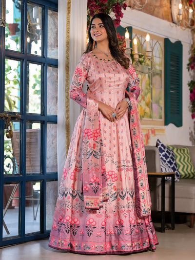 Odette Pink Silk Blend Printed Stitched Gown For Women