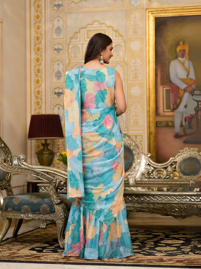 Odette Blue Printed Georgette Ready To Wear Saree For Women