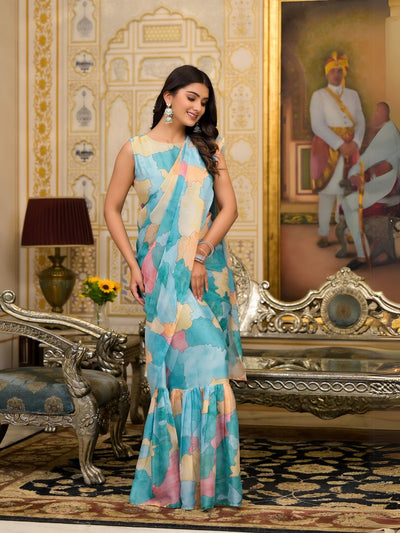 Odette Blue Printed Georgette Ready To Wear Saree For Women