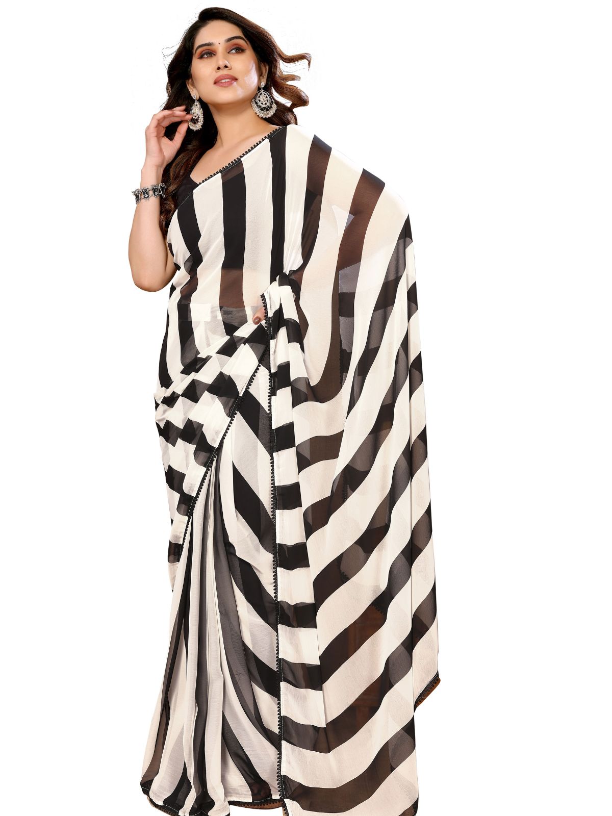 Odette Designer Black and White Printed Ready-to-Wear Saree with Unstitched Blouse for Women