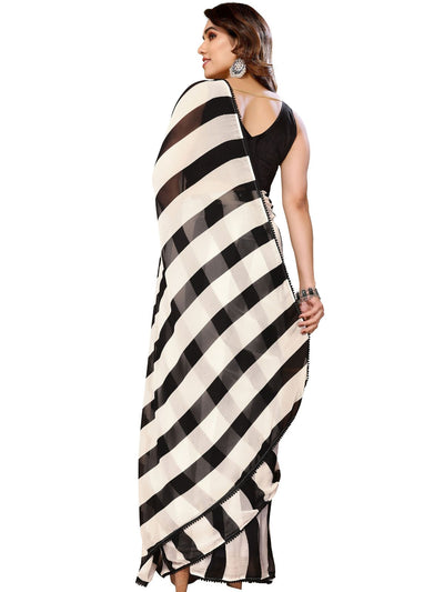 Odette Designer Black and White Printed Ready-to-Wear Saree with Unstitched Blouse for Women
