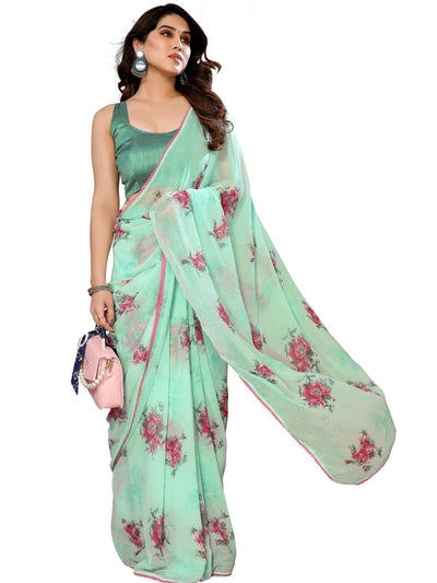 Odette Designer Light Blue Printed Ready-to-Wear Saree with Unstitched Blouse for Women