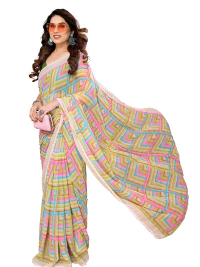 Odette Designer Green Printed Ready-to-Wear Saree with Unstitched Blouse for Women
