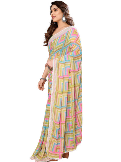 Odette Designer Green Printed Ready-to-Wear Saree with Unstitched Blouse for Women