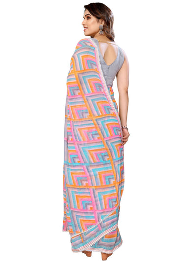 Odette Designer Grey Printed Ready-to-Wear Saree with Unstitched Blouse for Women