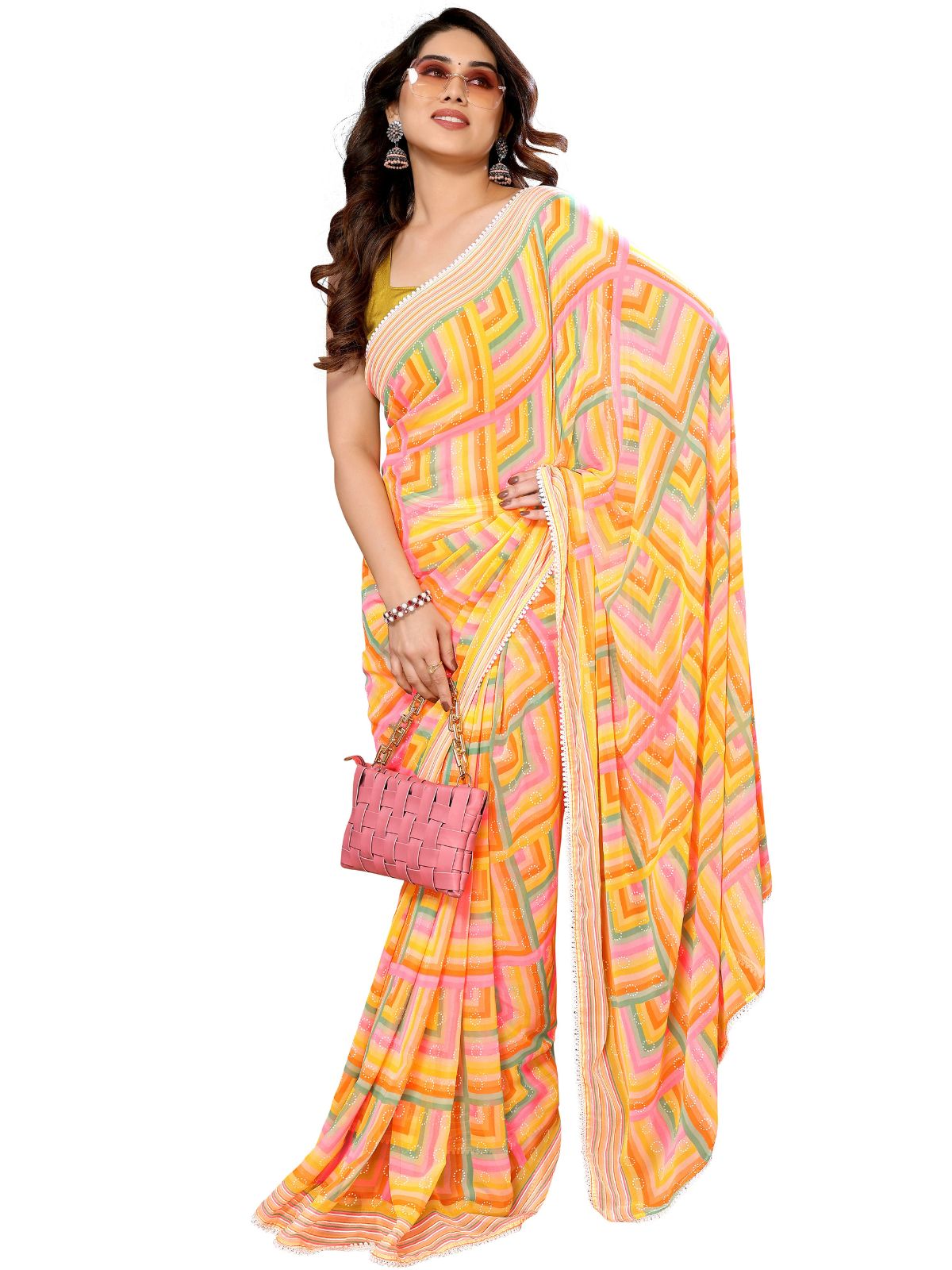 Odette Designer Yellow Printed Ready-to-Wear Saree with Unstitched Blouse for Women