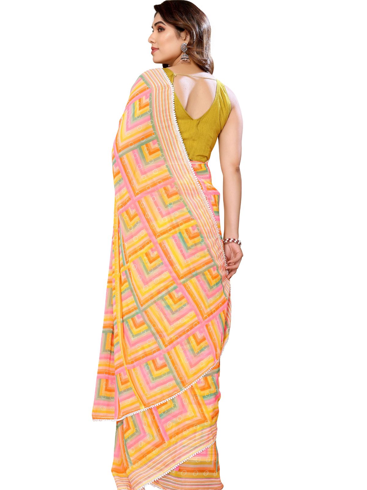 Odette Designer Yellow Printed Ready-to-Wear Saree with Unstitched Blouse for Women
