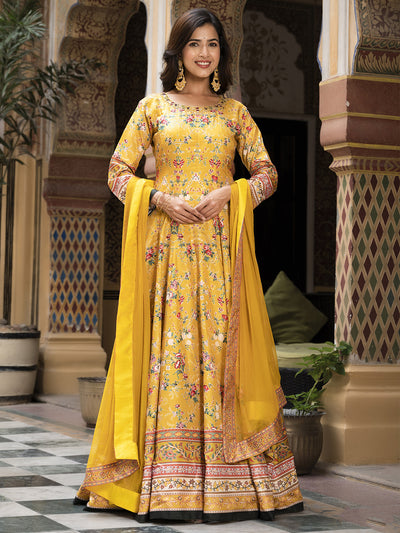 Odette Yellow Silk Stitched Gown with Dupatta For Women
