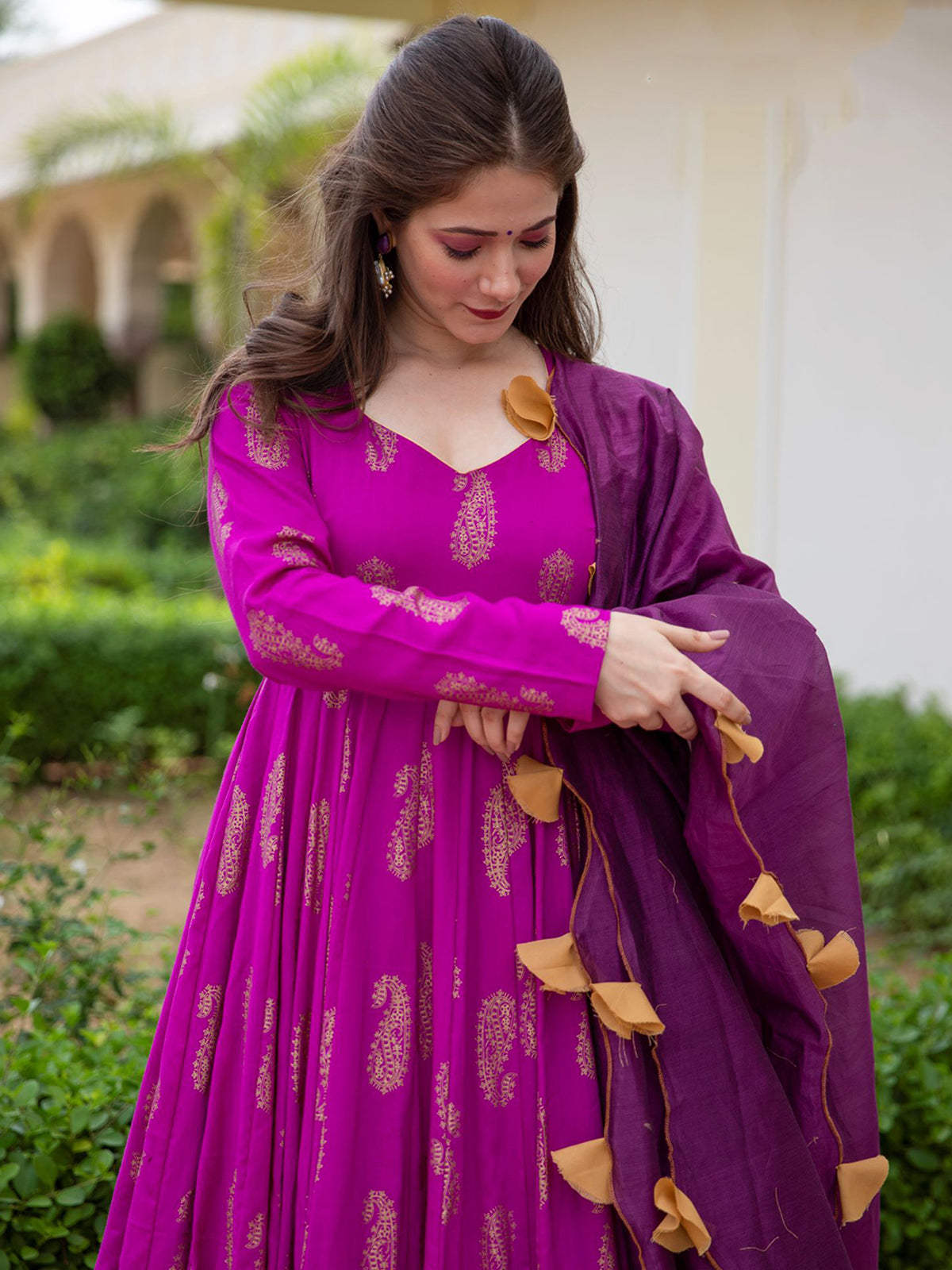Odette Purple Rayon Gold Foil Work Gown with Dupatta for Women