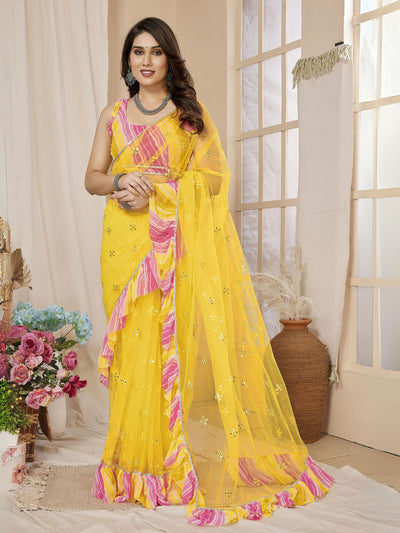 Odette Women Yellow Net Mirror Work Saree With Unstitched Blouse