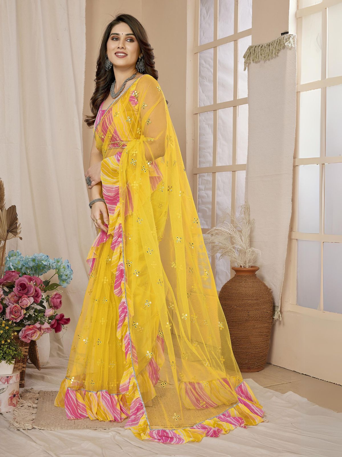 Odette Women Yellow Net Mirror Work Saree With Unstitched Blouse