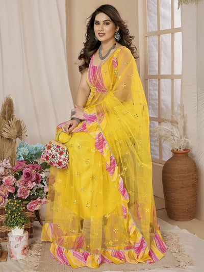 Odette Women Yellow Net Mirror Work Saree With Unstitched Blouse