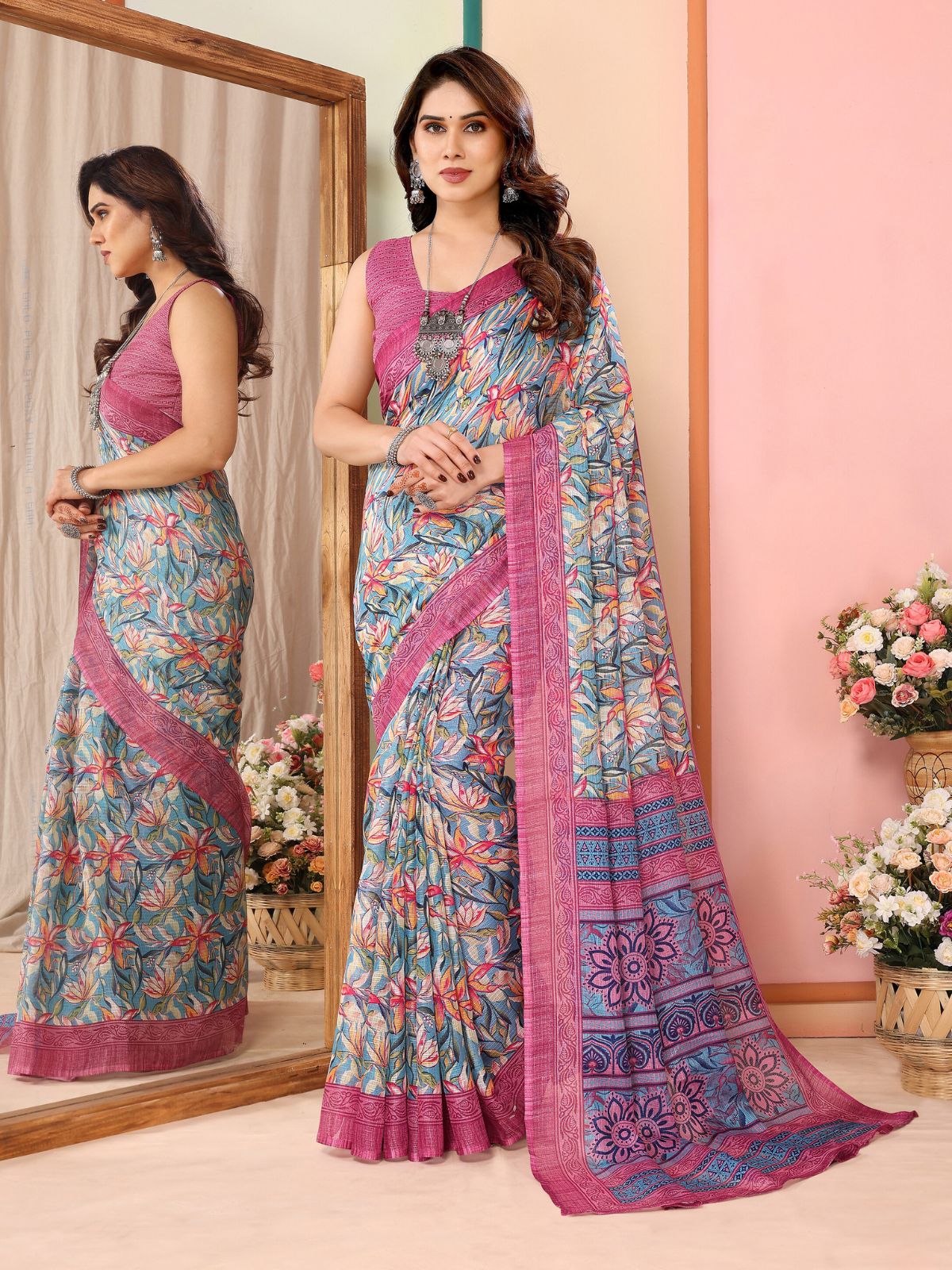 Odette Women Multicolor Cotton Blend Printed Saree With Unstitched Blouse