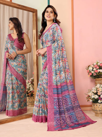 Odette Women Multicolor Cotton Blend Printed Saree With Unstitched Blouse