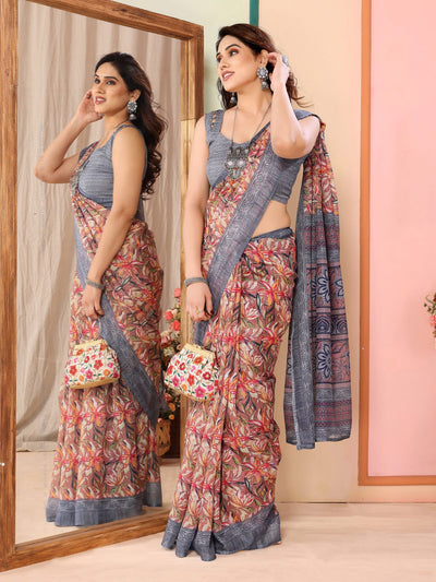 Odette Women Multicolor Cotton Blend Printed Saree With Unstitched Blouse