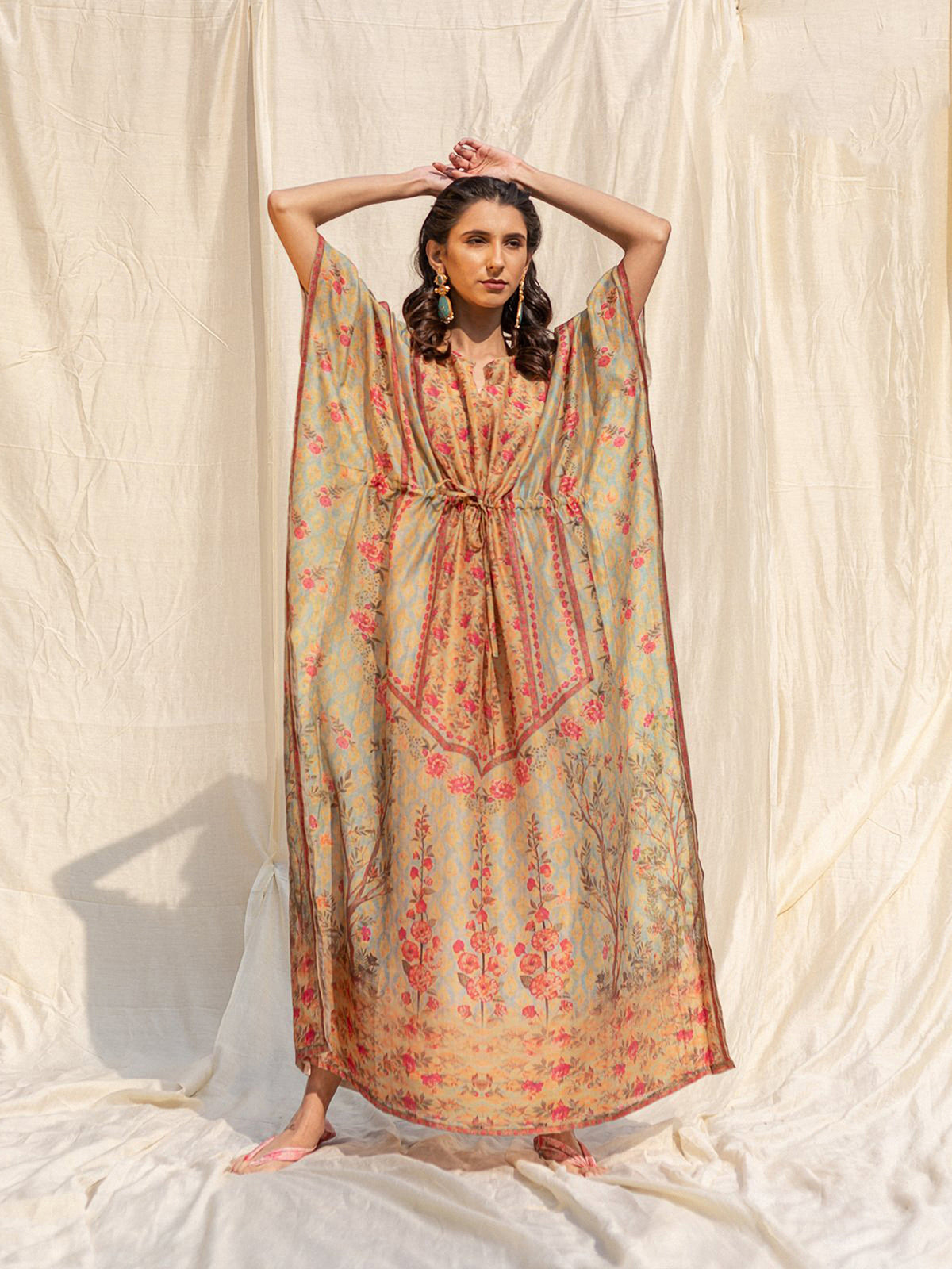 Odette Light Green Silk Printed Stitched Indo Western Kaftan For Women