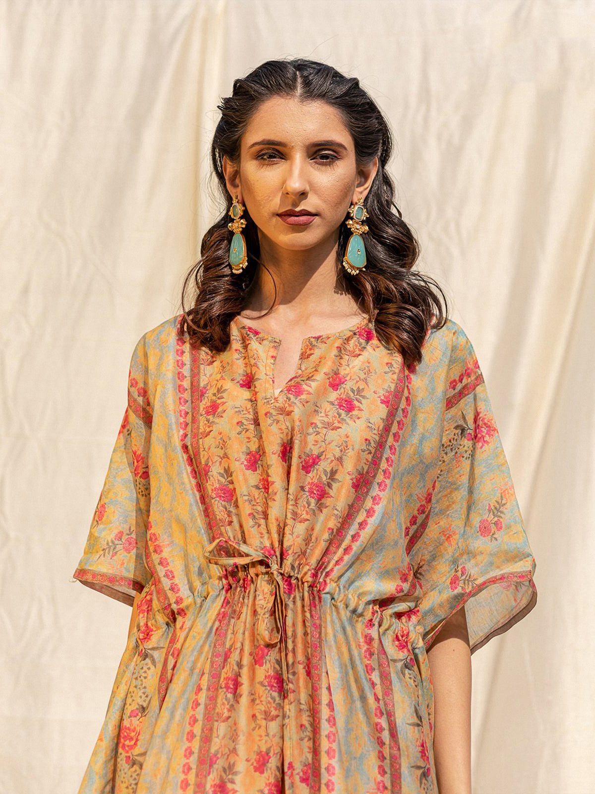 Odette Light Green Silk Printed Stitched Indo Western Kaftan For Women