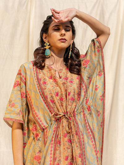 Odette Light Green Silk Printed Stitched Indo Western Kaftan For Women