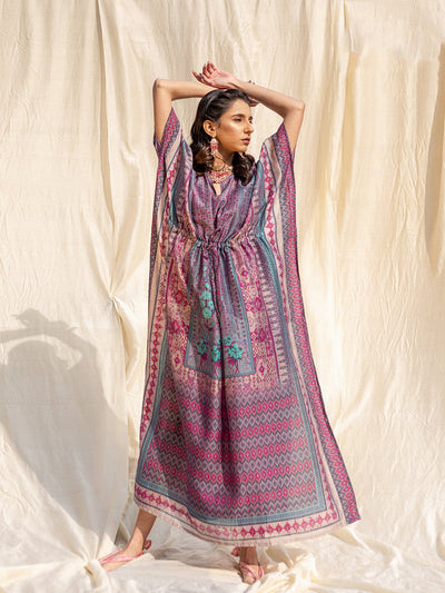 Odette Violet Silk Printed Stitched Indo Western Kaftan For Women