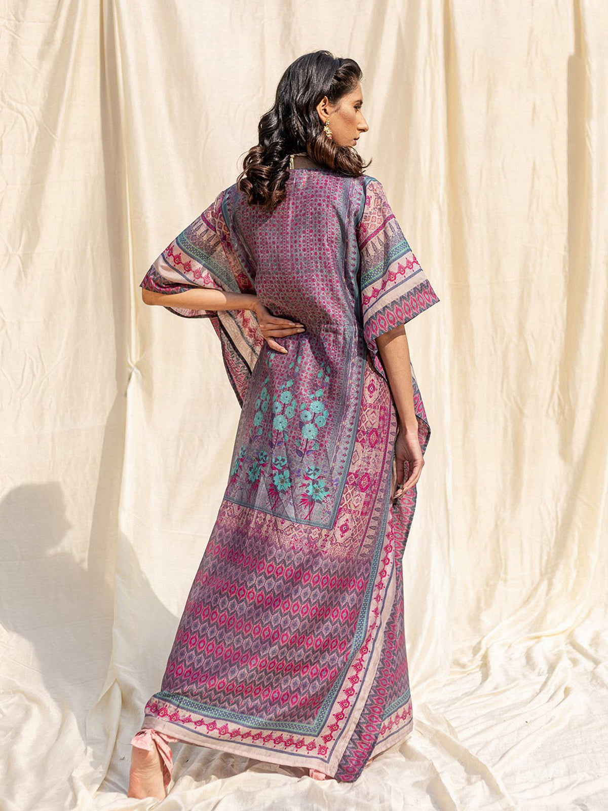 Odette Violet Silk Printed Stitched Indo Western Kaftan For Women