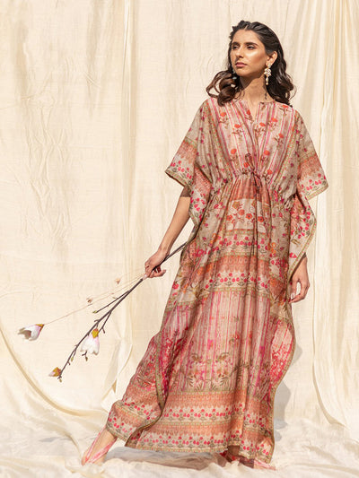 Odette Beige Silk Printed Stitched Indo Western Kaftan For Women