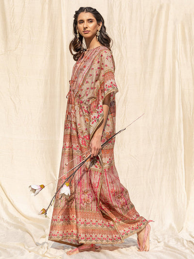 Odette Beige Silk Printed Stitched Indo Western Kaftan For Women