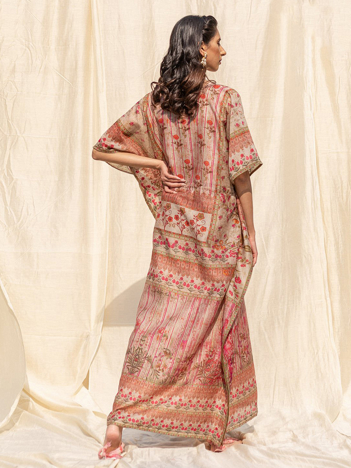 Odette Beige Silk Printed Stitched Indo Western Kaftan For Women