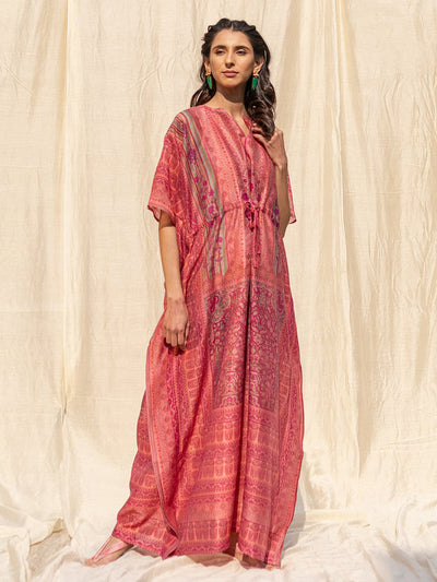 Odette Pink Silk Printed Stitched Indo Western Kaftan For Women