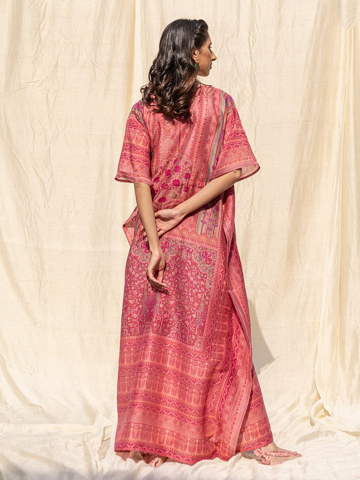 Odette Pink Silk Printed Stitched Indo Western Kaftan For Women