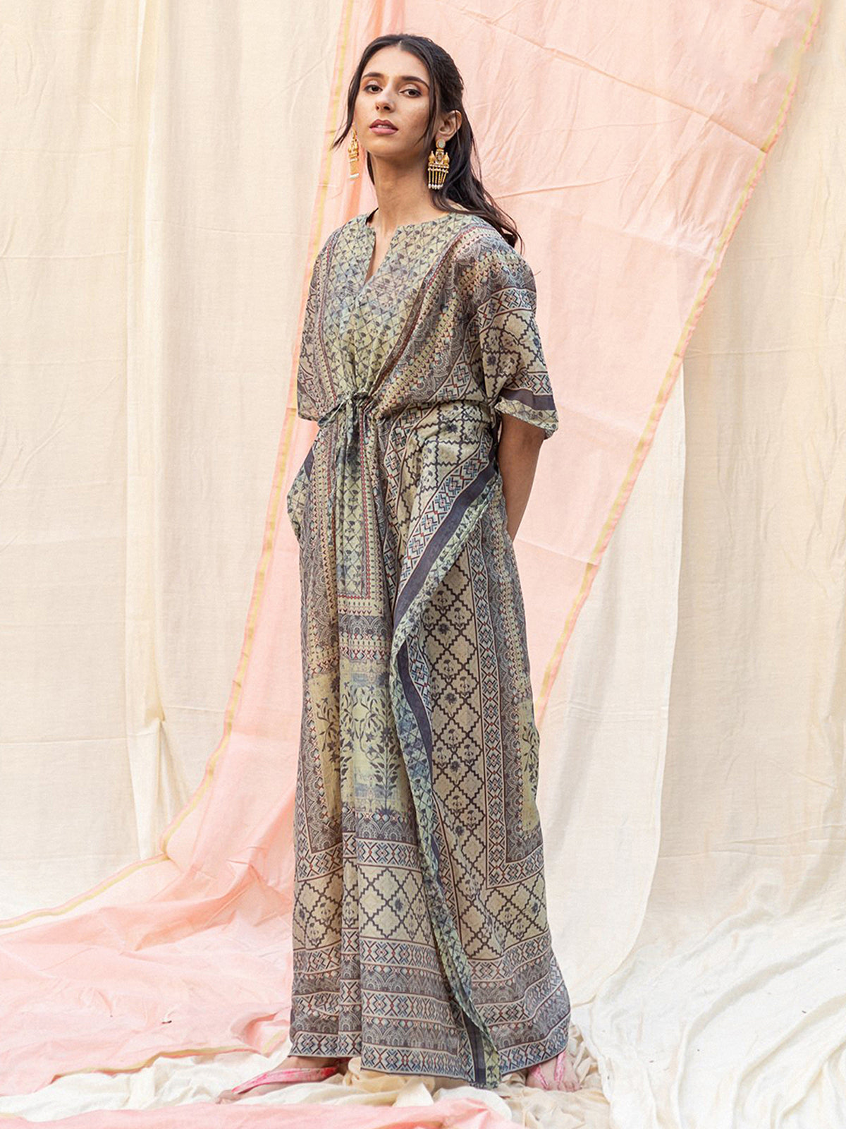 Odette Grey Silk Printed Stitched Indo Western Kaftan For Women