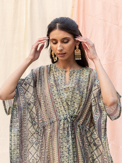 Odette Grey Silk Printed Stitched Indo Western Kaftan For Women