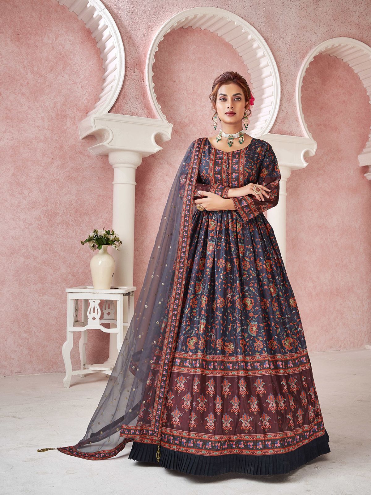 Odette Navy Blue Silk Printed Stitched Gown For Women