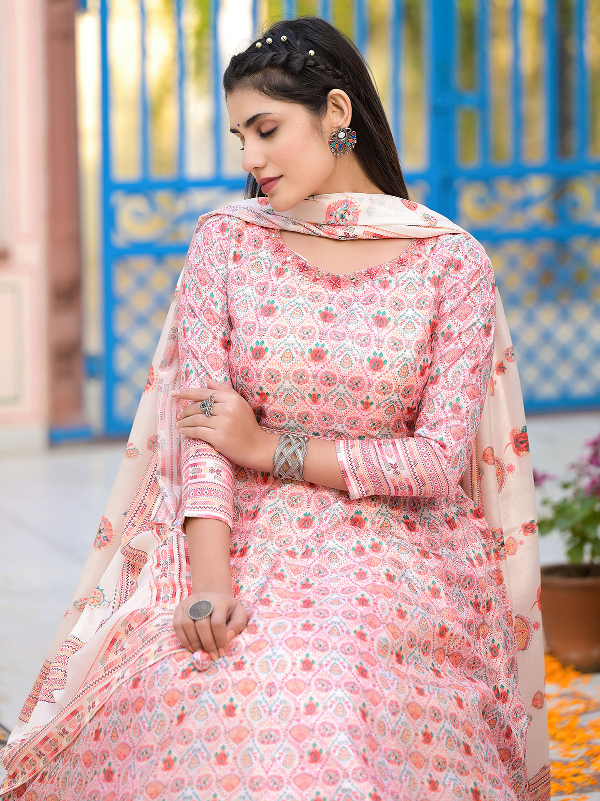 Odette Peach Silk  Stitched Gown with Dupatta For Women