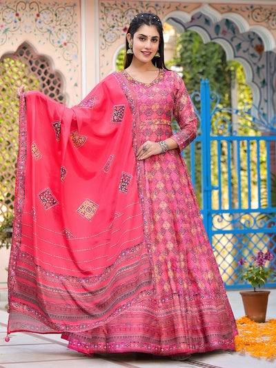 Odette Pink Silk Stitched Gown with Dupatta For Women