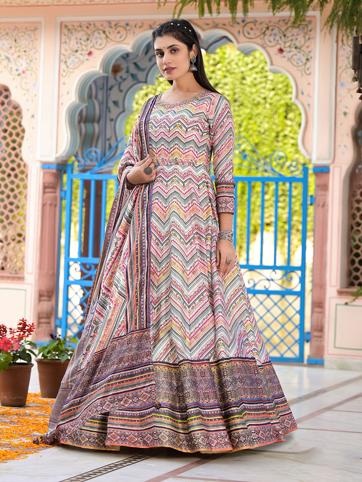 Odette Multicolor Silk Stitched Gown with Dupatta For Women