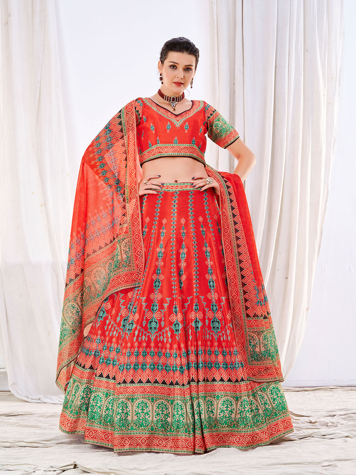 Odette Women's Red Chinon Semi Stitched Lehenga with Unstitched Blouse