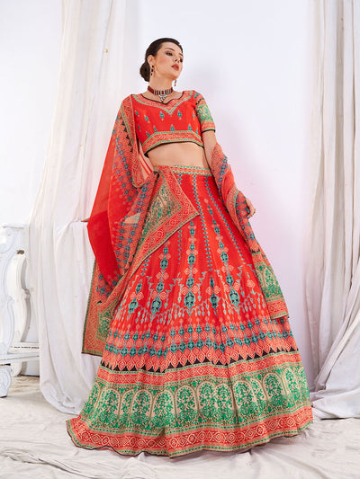 Odette Women's Red Chinon Semi Stitched Lehenga with Unstitched Blouse