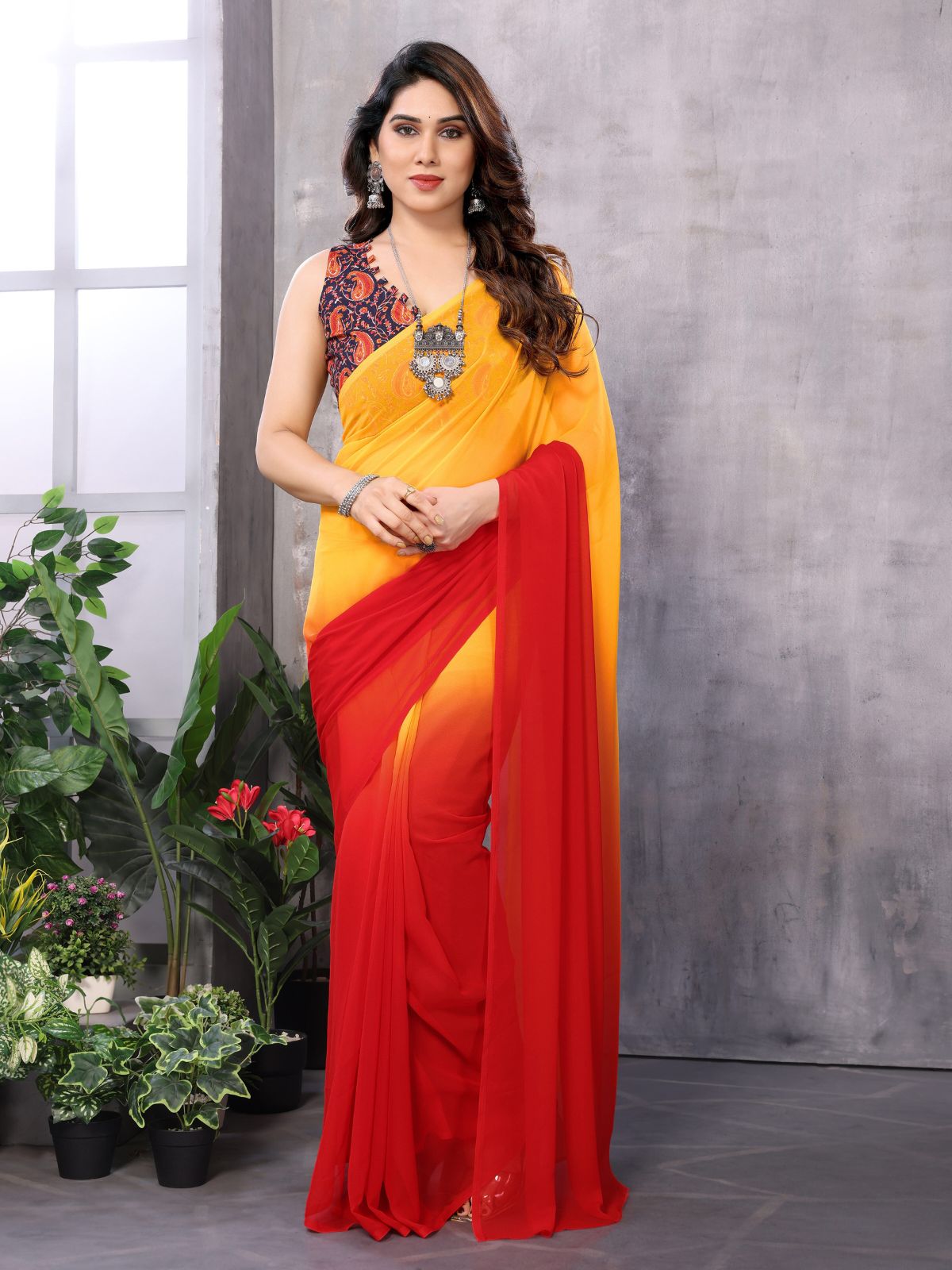 Odette Women Yellow And Red Georgette Solid Saree With Unstitched Blouse