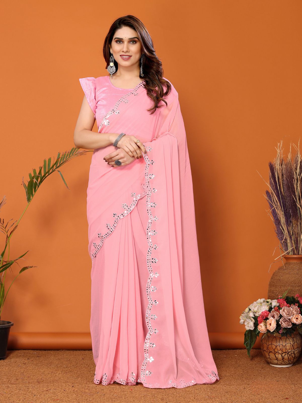 Odette Women Pink Georgette Mirror Work Saree With Unstitched Blouse