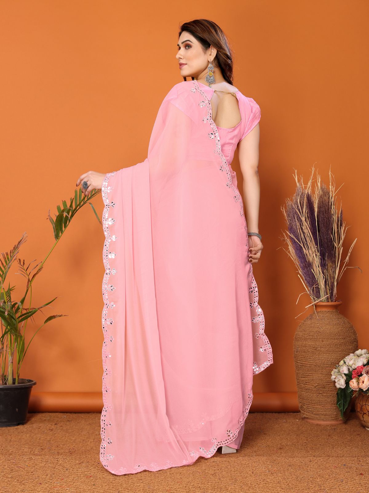 Odette Women Pink Georgette Mirror Work Saree With Unstitched Blouse